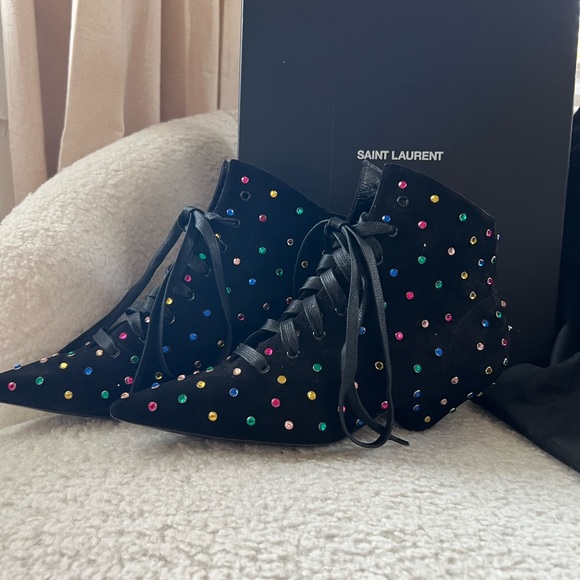 Saint Laurent Paris Blaze 45 Crystals Leather Suede Ankle Boots Black - Picture 17 of 17